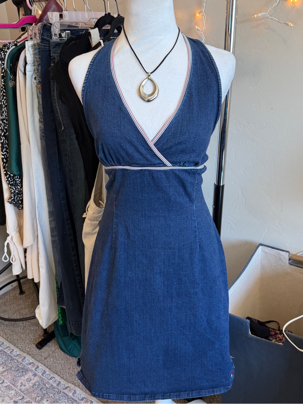 VTG Tommy Jeans Denim Halter Mini Dress With Signature Striped Trim